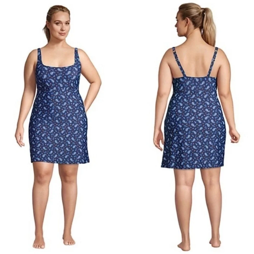 LANDS’ END Navy Blue Paisley Swim Dress With Built-In Shorts Women’s Size 16W - Picture 2 of 8